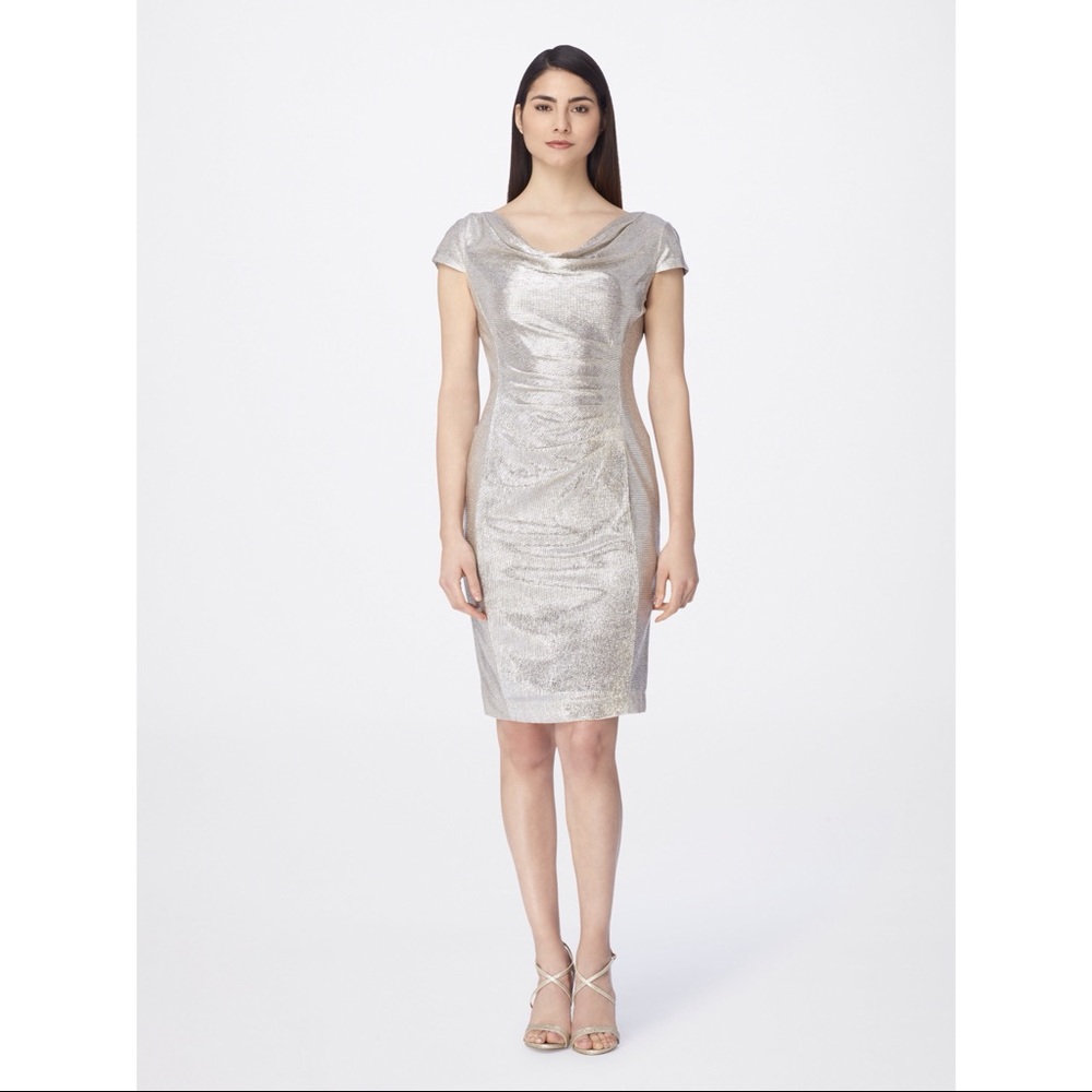 NWT Tahari Silver Gold Evening Gown Size 2